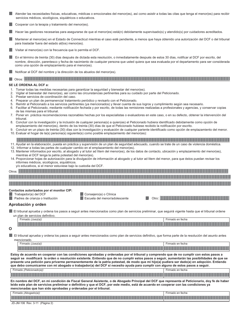 Formulario JD-JM-106S Plan De Servicios - Connecticut (Spanish), Page 2