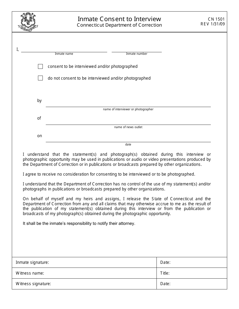 Form CN1501 Inmate Consent to Interview - Connecticut, Page 1