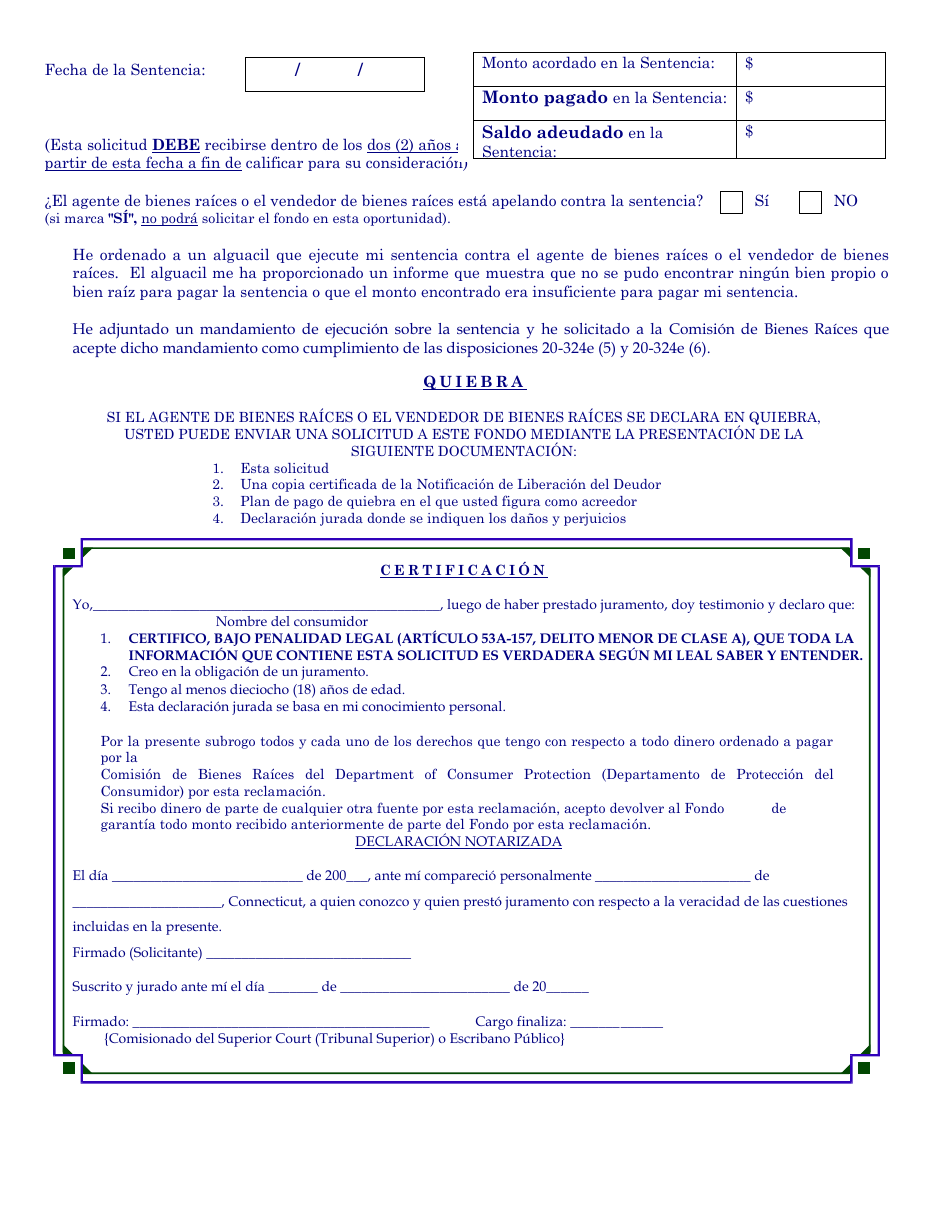 Formulario REGF-05 Solicitud De Reembolso Del Real Estate Guaranty Fund (Fondo De Garantia De Bienes Raices) - Connecticut (Spanish), Page 2
