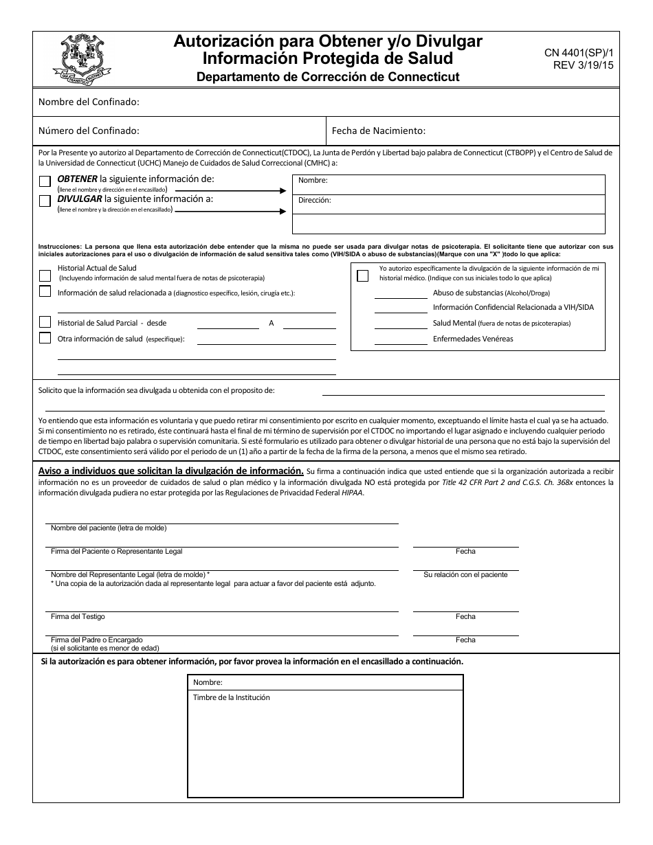 Formulario CN4401(SP)/1 Autorizacion Para Obtener Y/O Divulgar Informacion Protegida De Salud - Connecticut (Spanish), Page 1