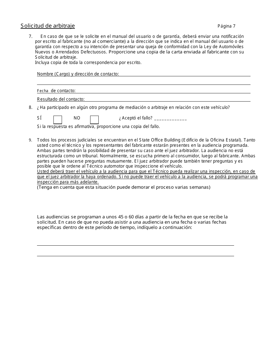 Solicitud De Arbitraje - Programa De Resolucion De Disputas Sobre Automoviles - Connecticut (Spanish), Page 10