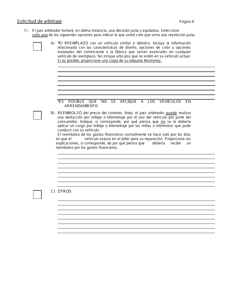 Solicitud De Arbitraje - Programa De Resolucion De Disputas Sobre Automoviles - Connecticut (Spanish), Page 11