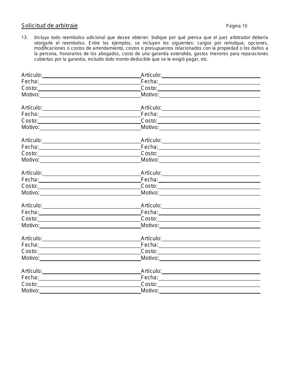 Solicitud De Arbitraje - Programa De Resolucion De Disputas Sobre Automoviles - Connecticut (Spanish), Page 13