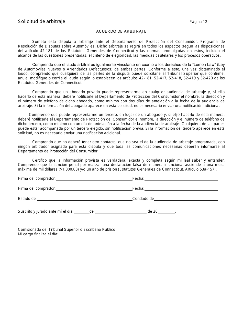 Solicitud De Arbitraje - Programa De Resolucion De Disputas Sobre Automoviles - Connecticut (Spanish), Page 15