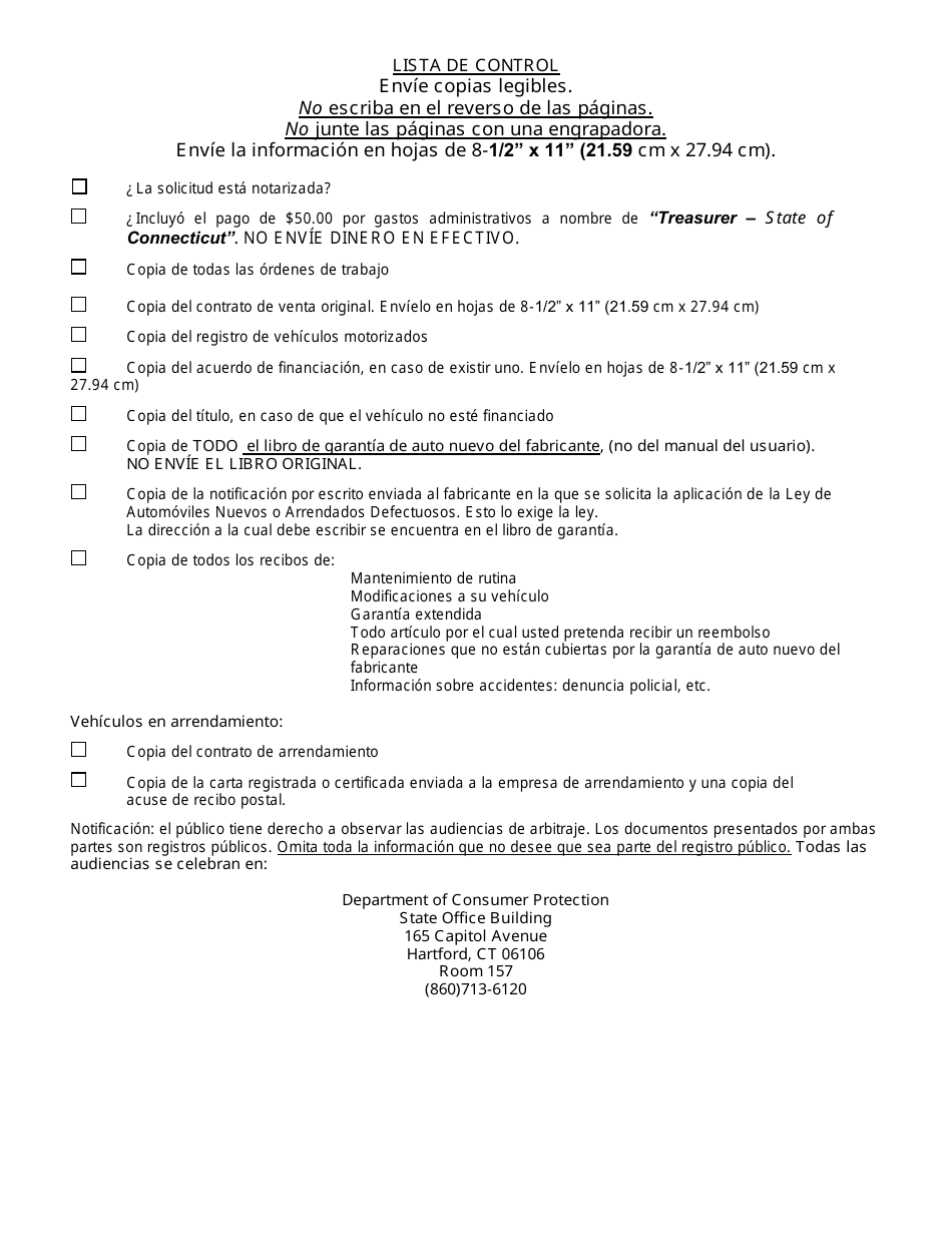 Solicitud De Arbitraje - Programa De Resolucion De Disputas Sobre Automoviles - Connecticut (Spanish), Page 16