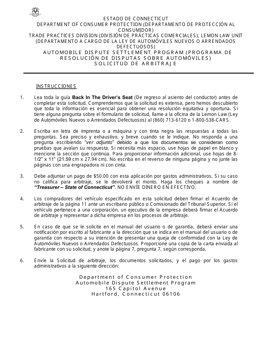 Solicitud De Arbitraje - Programa De Resolucion De Disputas Sobre Automoviles - Connecticut (Spanish), Page 1