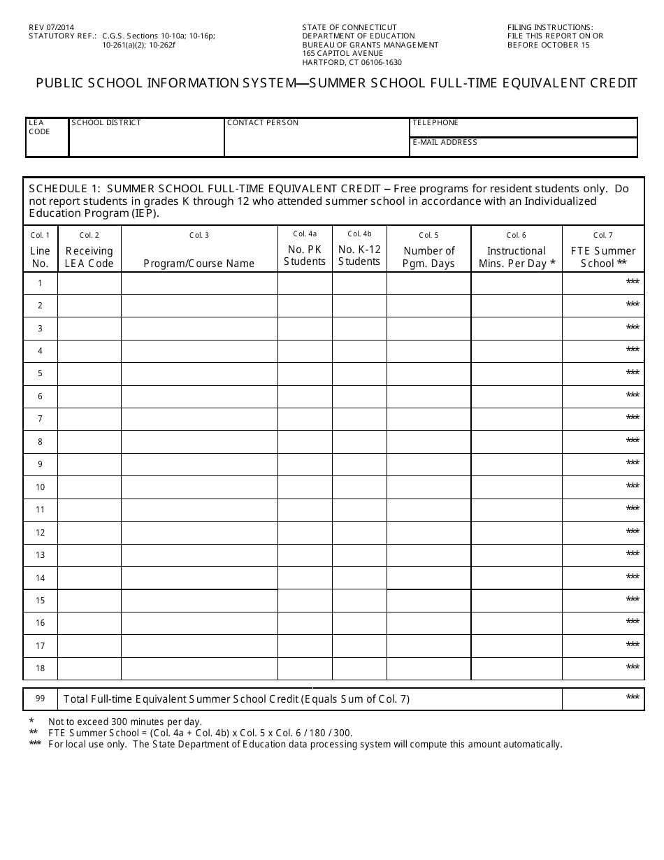 Public School Information System Summer School Full-Time Equivalent Credit Form - Connecticut, Page 1