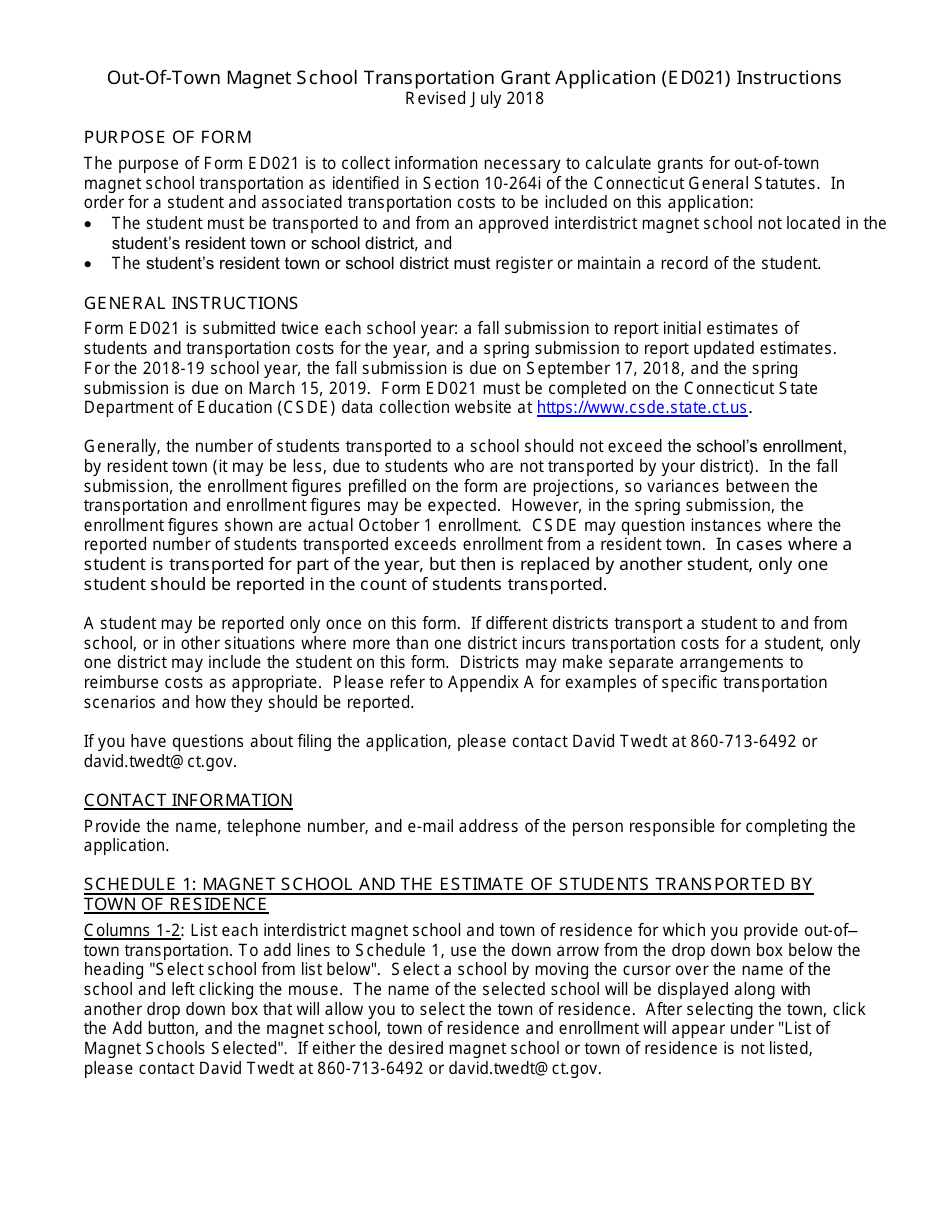Instructions for Form ED021 Out-Of-Town Magnet School Transportation Grant Application - Connecticut, Page 1