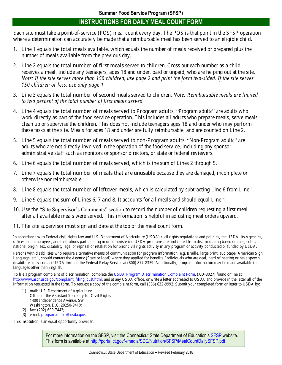 Daily Meal Count Form - Connecticut, Page 3