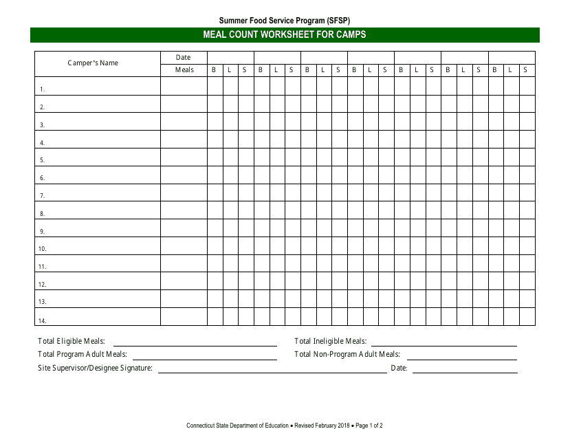 Meal Count Worksheet for Camps - Connecticut