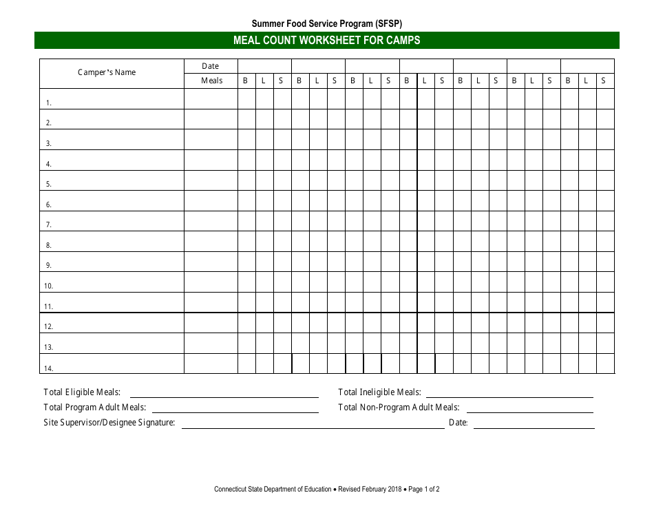 Meal Count Worksheet for Camps - Connecticut, Page 1