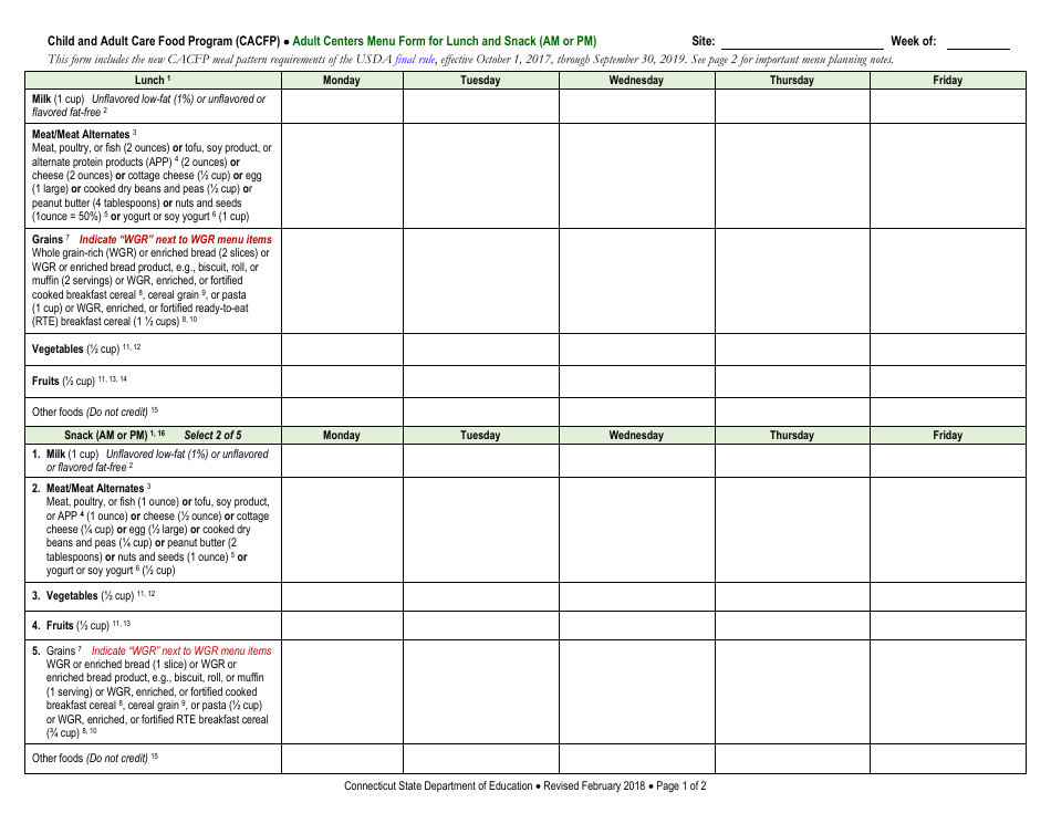 Connecticut Adult Centers Menu Form for Lunch and Snack (Am or Pm ...