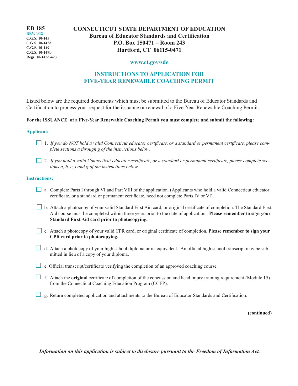 Form ED185 Application for Five-Year Renewable Coaching Permit - Connecticut, Page 3