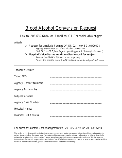 Blood Alcohol Conversion Request Form - Connecticut