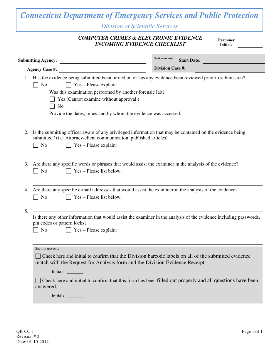 Form QR-CC-1 Incoming Evidence Checklist - Computer Crimes and Electronic Evidence - Connecticut, Page 1