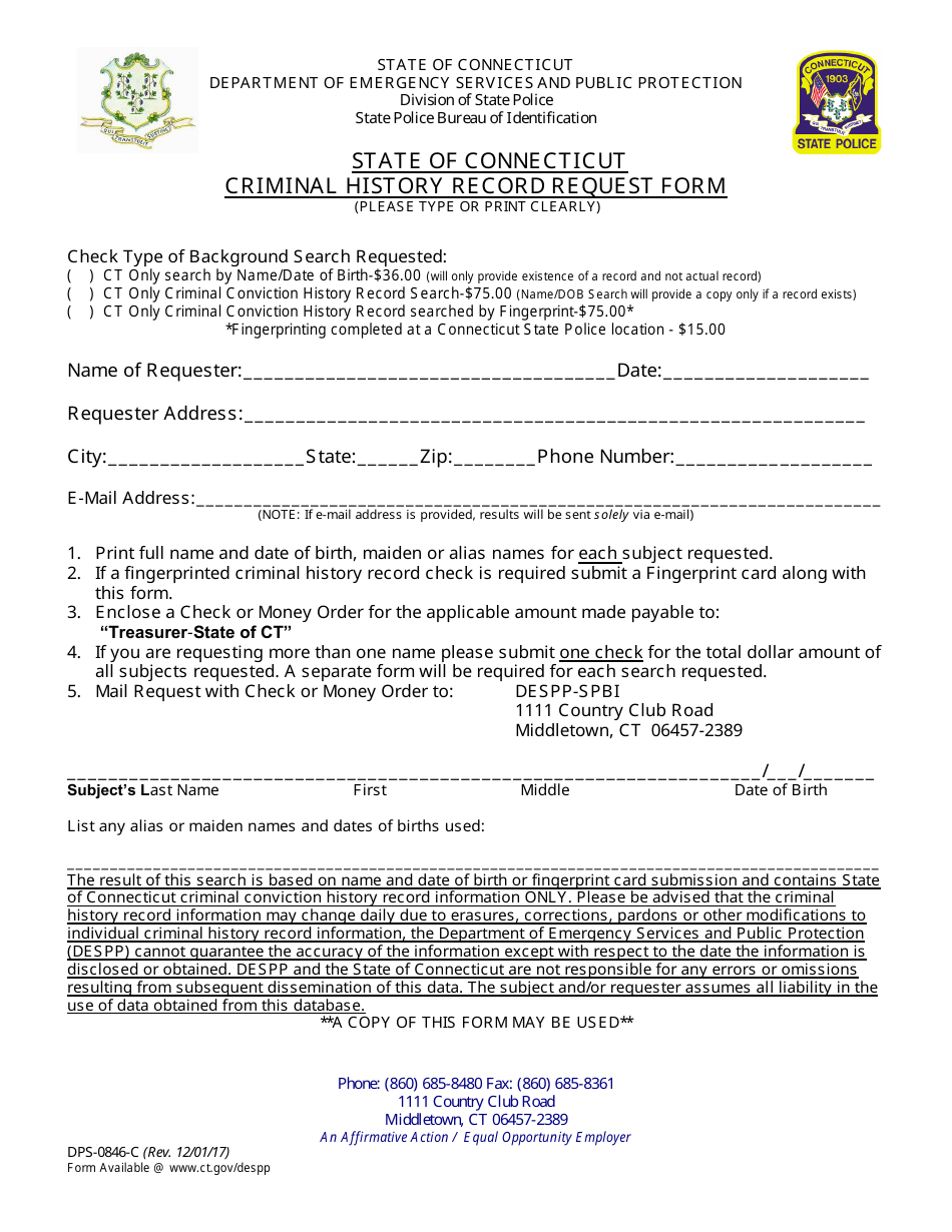 Form DPS-0846-C Criminal History Record Request Form - Connecticut, Page 1