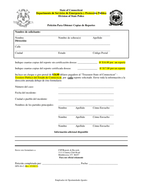 Formulario DPS-96-C Peticion Para Obtener Copias De Reportes - Connecticut (Spanish)