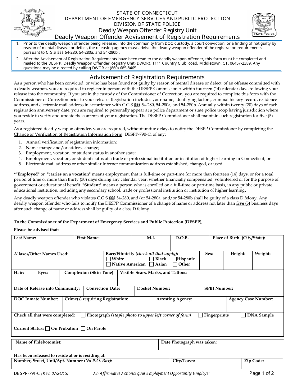 Form DESPP-791-C Deadly Weapon Offender Advisement of Registration Requirements - Connecticut, Page 1