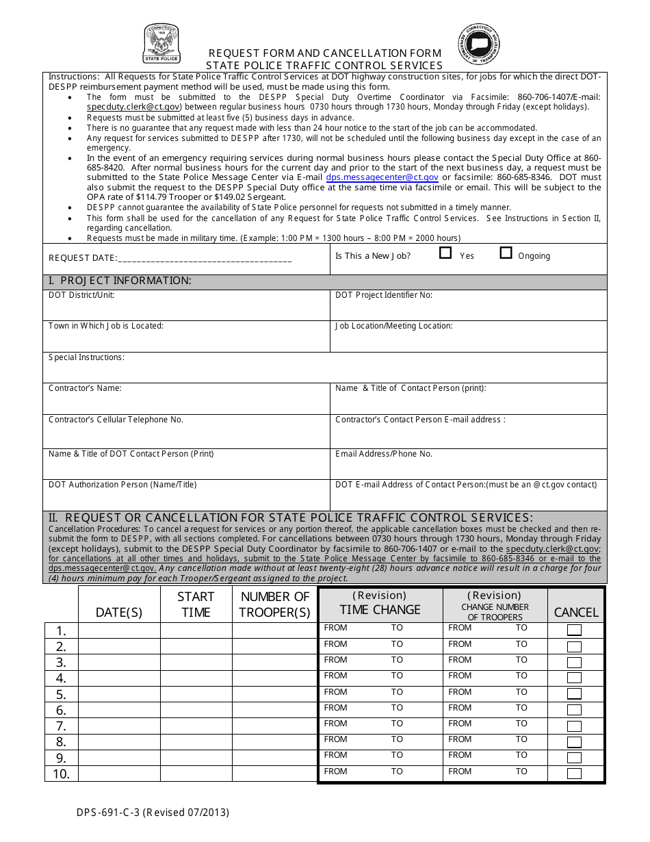 Form DPS-691-C-3 Request Form and Cancellation Form - State Police Traffic Control Services - Connecticut, Page 1
