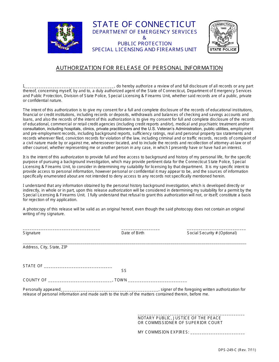 Form DPS-249-C Authorization for Release of Personal Information - Connecticut, Page 1