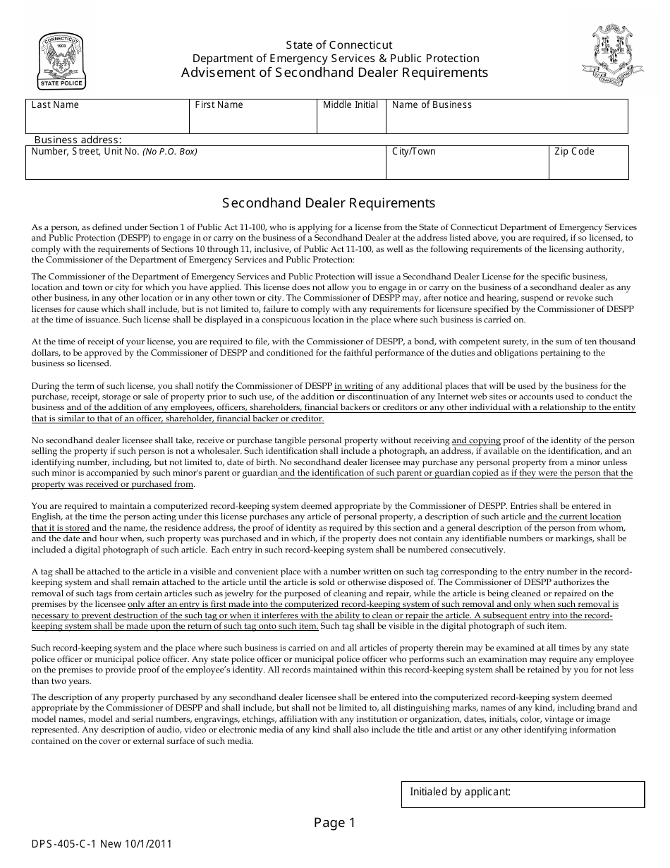 Form DPS-405-C-1 Advisement of Secondhand Dealer Requirements - Connecticut, Page 1
