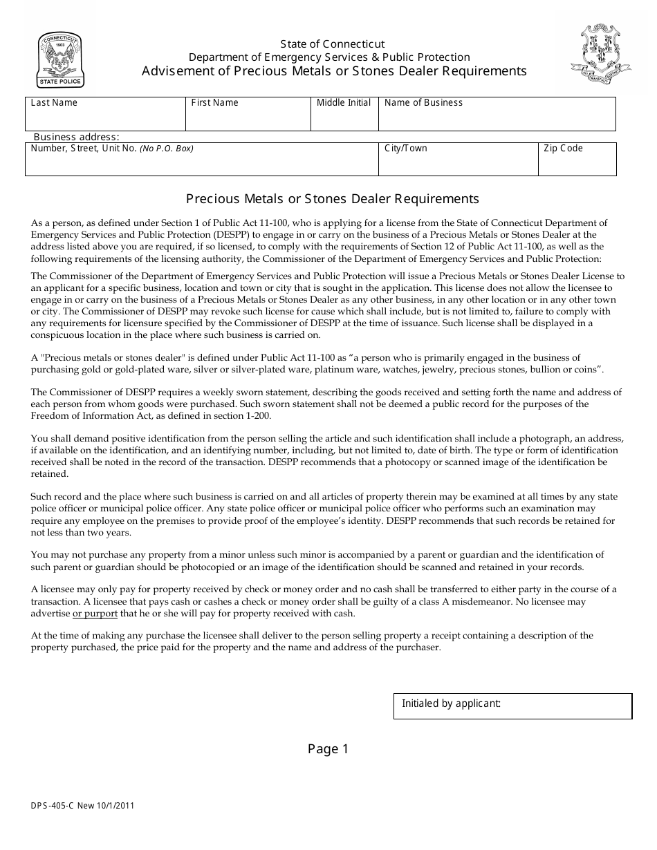 Form DPS-405-C Advisement of Precious Metals or Stones Dealer Requirements - Connecticut, Page 1