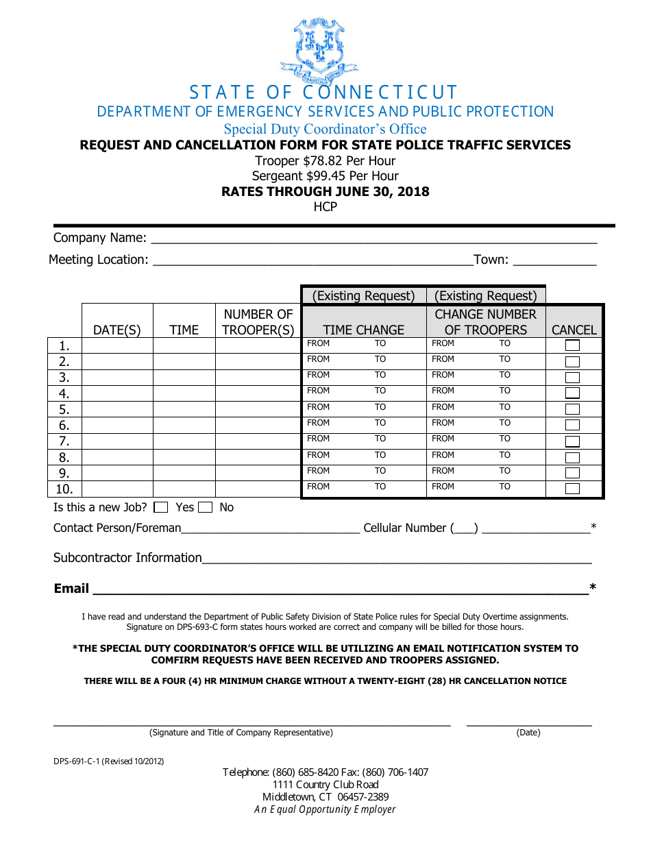 Form DPS-691- -1 Request and Cancellation Form for State Police Traffic Services - Connecticut, Page 3
