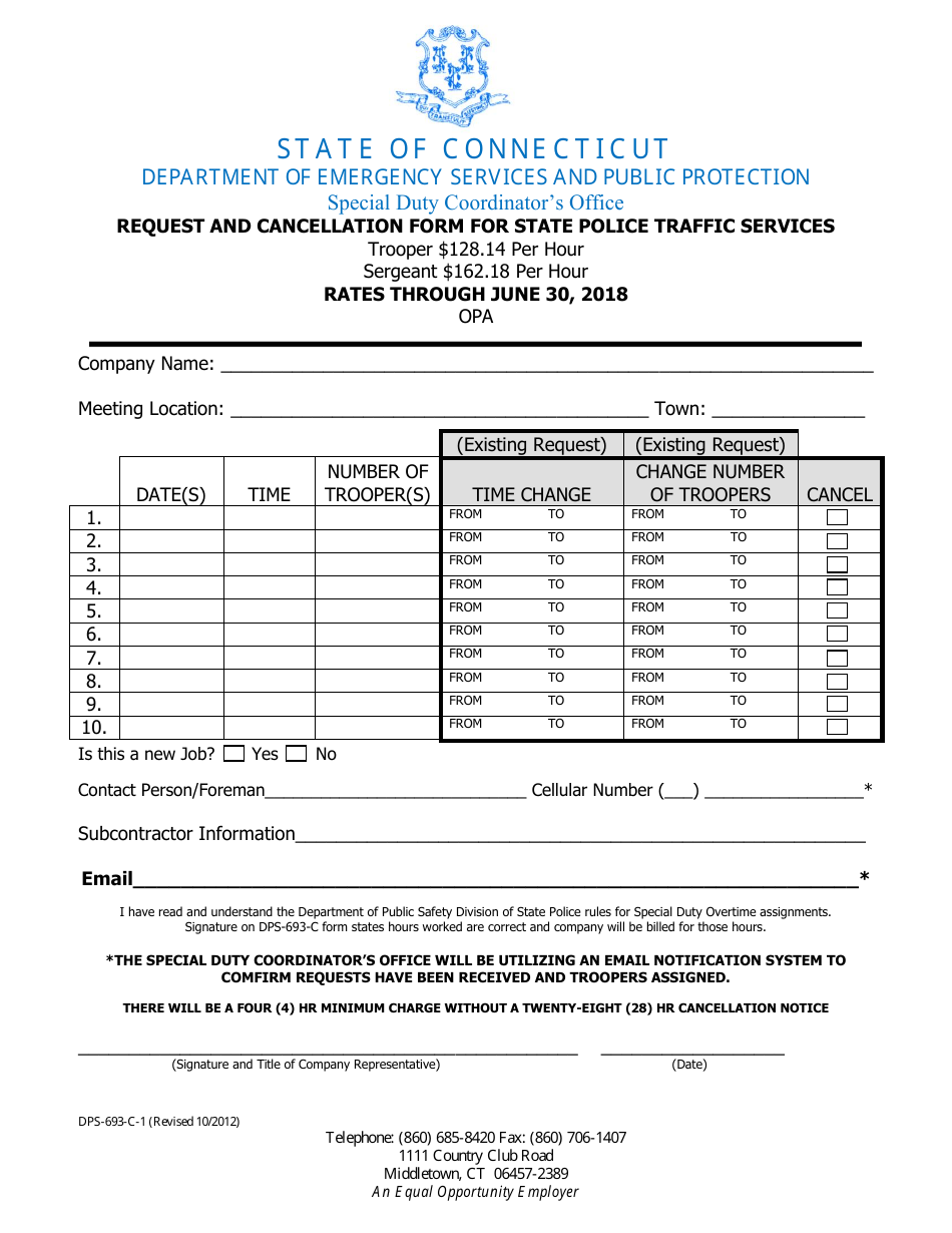 Form DPS-693-C-1 Request and Cancellation Form for State Police Traffic Services - Connecticut, Page 3