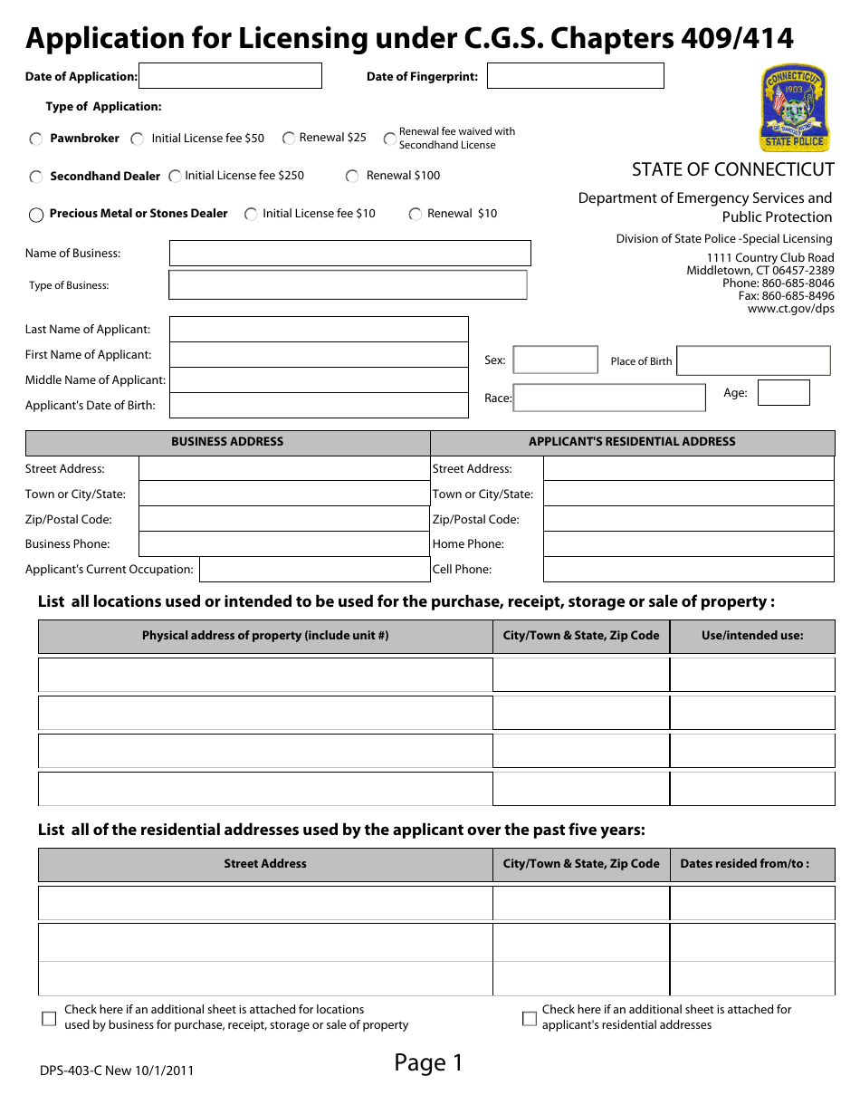 Form DPS-403-C Application for Licensing Under C.g.s. Chapters 409 / 414 - Connecticut, Page 1