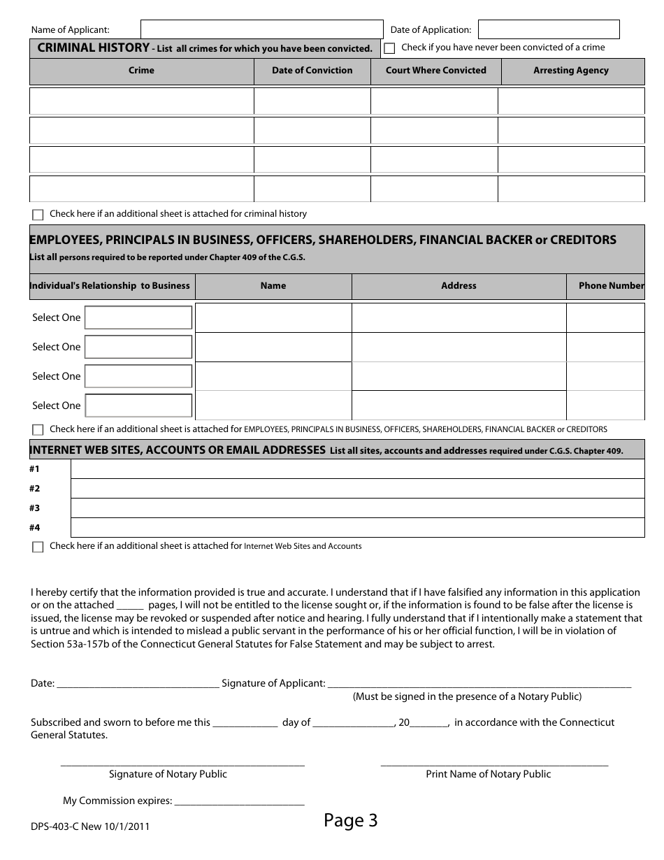 Form DPS-403-C Application for Licensing Under C.g.s. Chapters 409 / 414 - Connecticut, Page 3