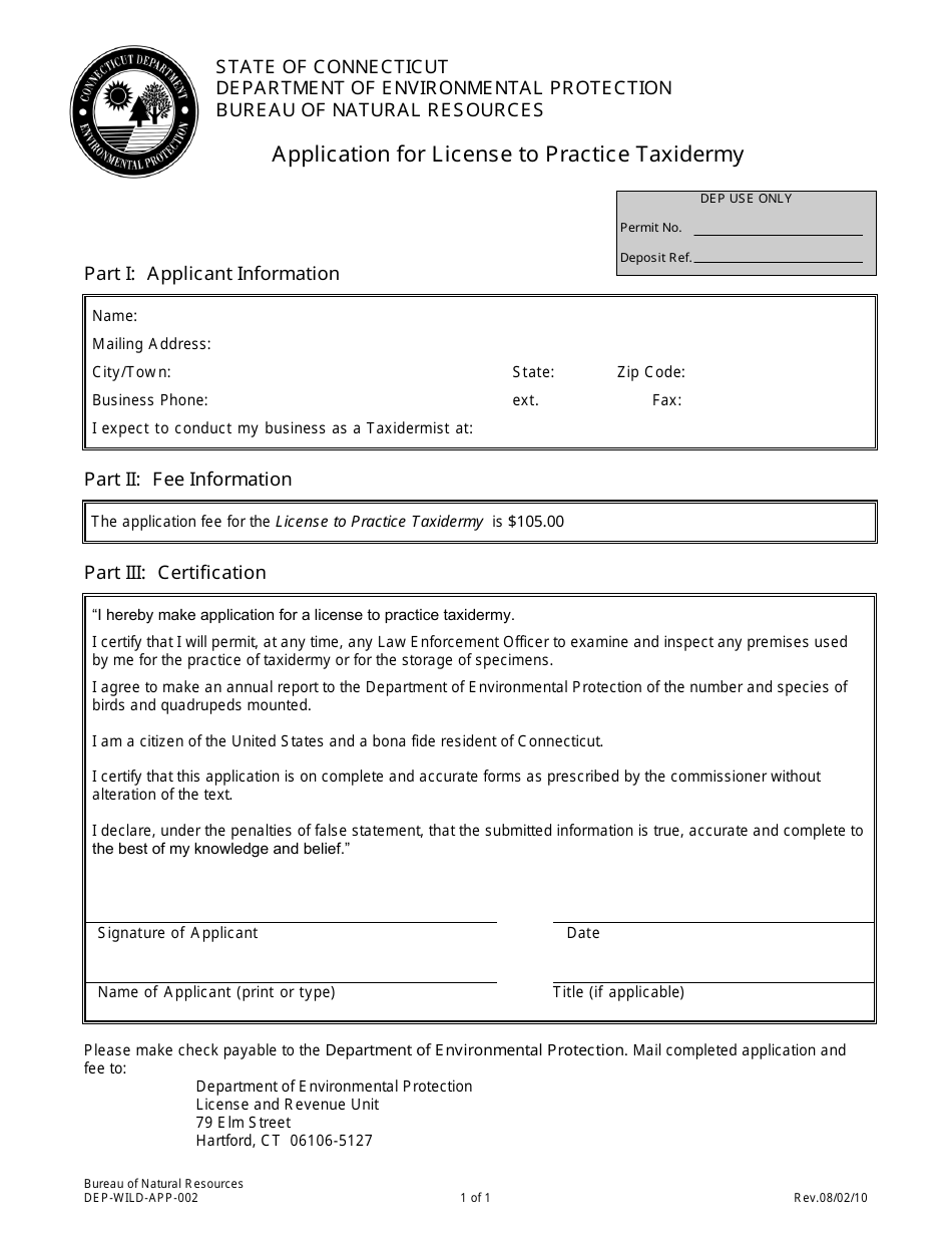 Form DEP-WILD-APP-002 Application for License to Practice Taxidermy - Connecticut, Page 1
