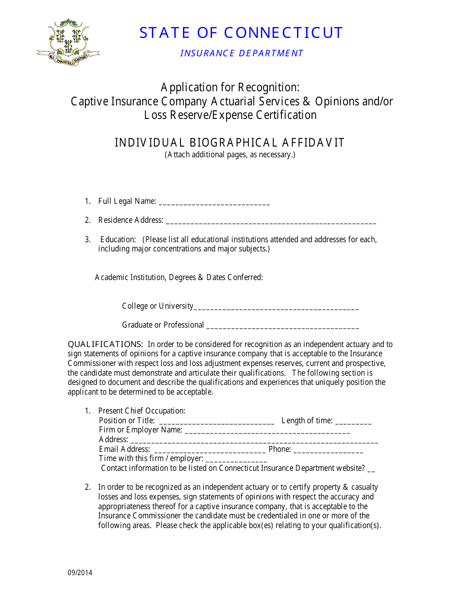 Application for Recognition - Captive Insurance Company Actuarial Services and Opinions and / or Loss Reserve / Expense Certification - Connecticut, Page 1
