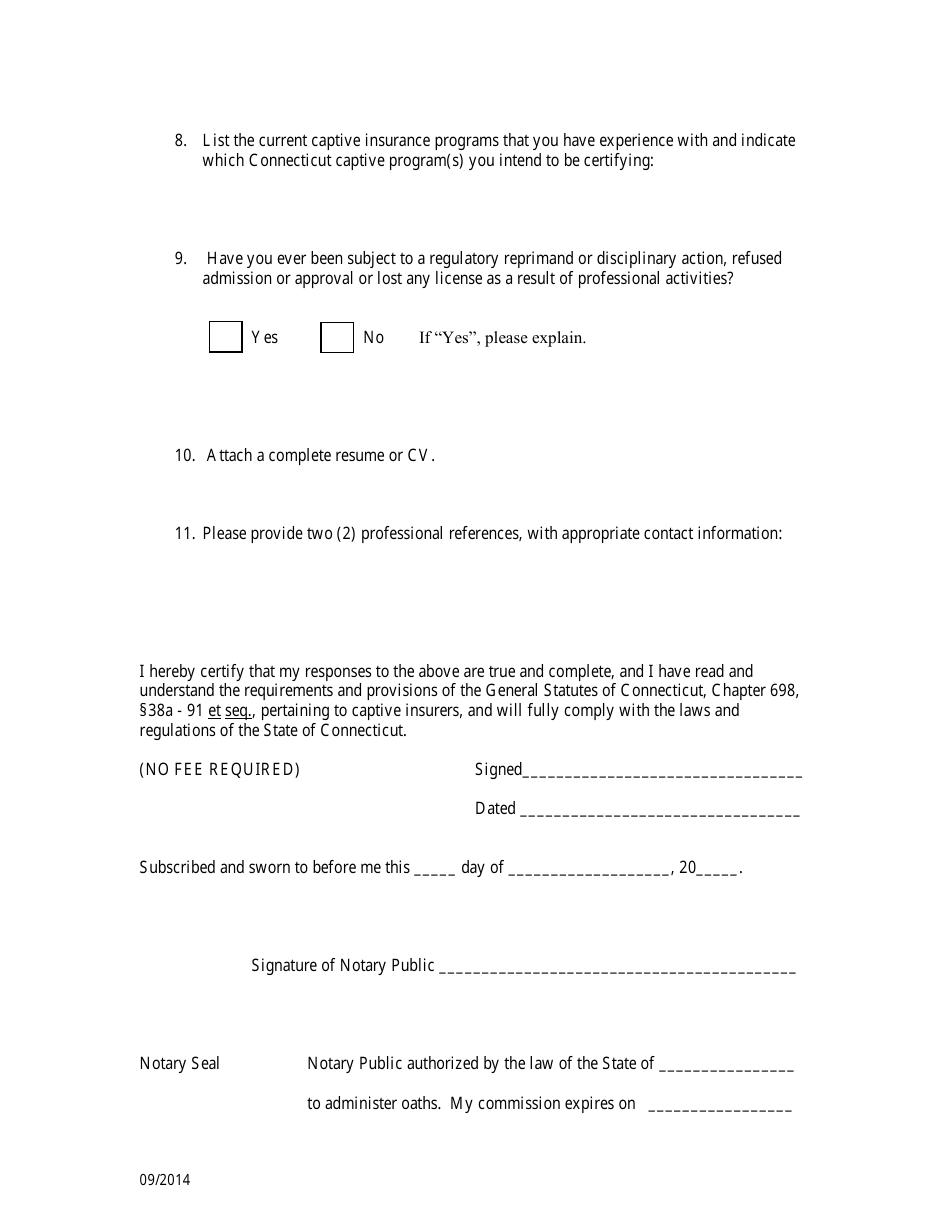 Application for Recognition - Captive Insurance Company Actuarial Services and Opinions and / or Loss Reserve / Expense Certification - Connecticut, Page 3