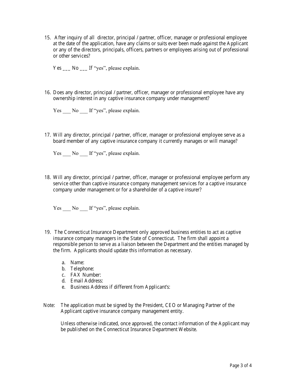 Application for Recognition - Captive Insurance Company Manager - Connecticut, Page 3