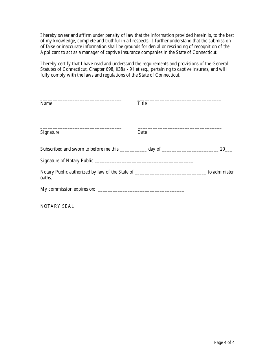 Application for Recognition - Captive Insurance Company Manager - Connecticut, Page 4