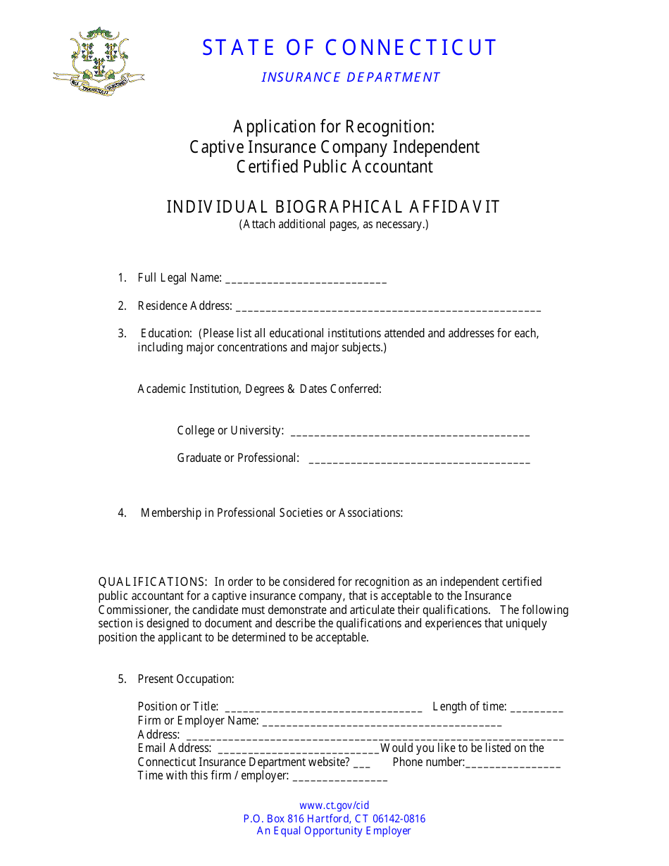 Connecticut Application for Recognition - Captive Insurance Company Independent Certified Public ...