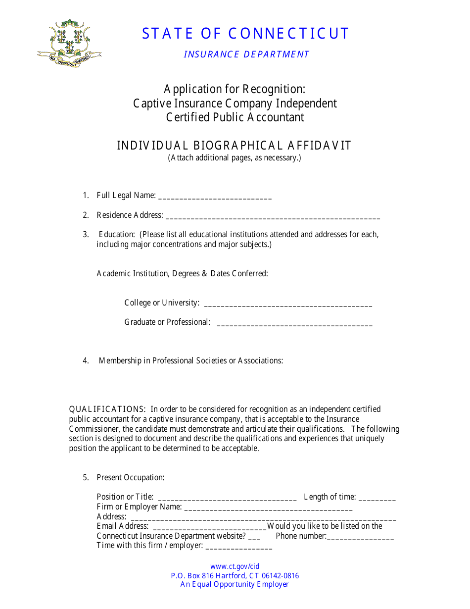 Application for Recognition - Captive Insurance Company Independent Certified Public Accountant - Connecticut, Page 1