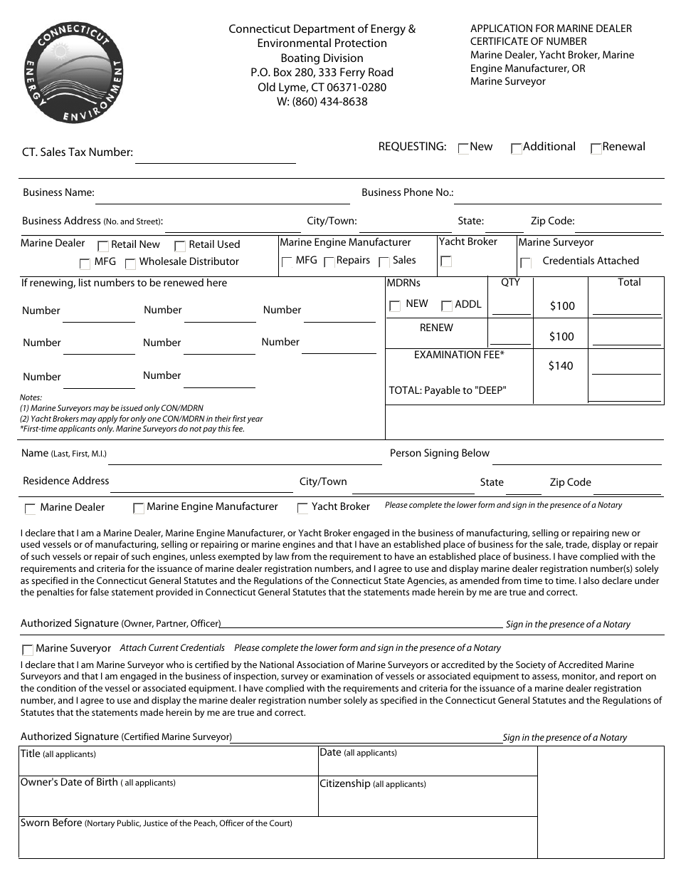 Application for Marine Dealer Certificate of Number - Connecticut, Page 1