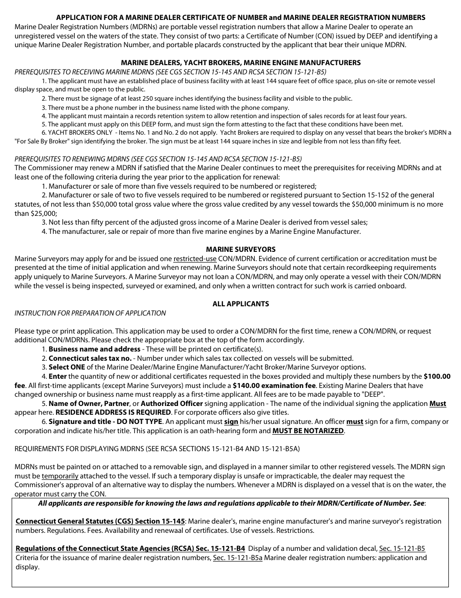 Application for Marine Dealer Certificate of Number - Connecticut, Page 2