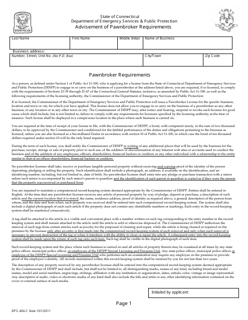 Form DPS-404-C Advisement of Pawnbroker Requirements - Connecticut