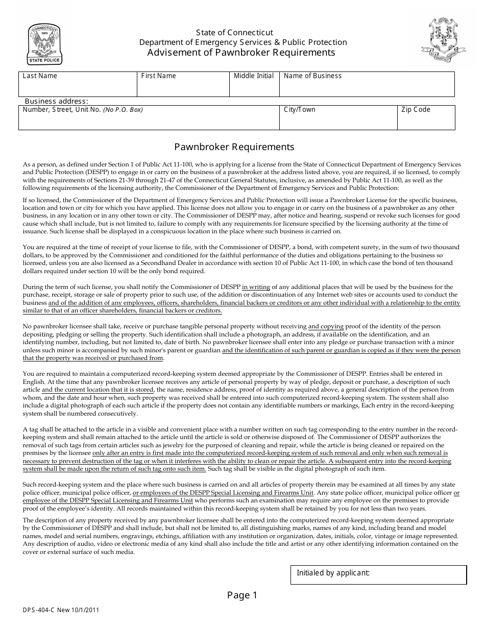 Form DPS-404-C Advisement of Pawnbroker Requirements - Connecticut, Page 1