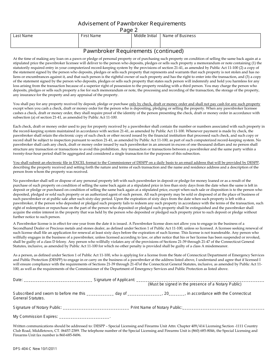 Form DPS-404-C Advisement of Pawnbroker Requirements - Connecticut, Page 2