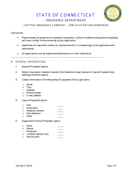 Captive Insurance Company - Application for Admission - Connecticut