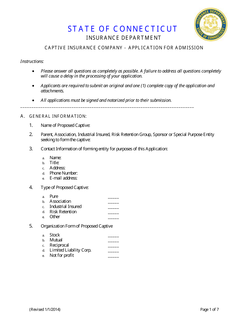 Captive Insurance Company - Application for Admission - Connecticut, Page 1