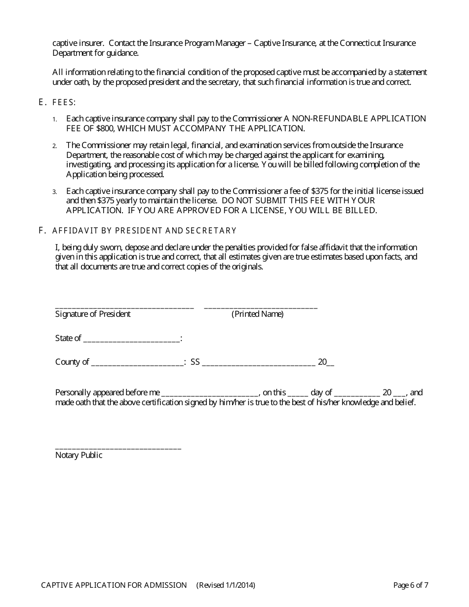 Captive Insurance Company - Application for Admission - Connecticut, Page 6