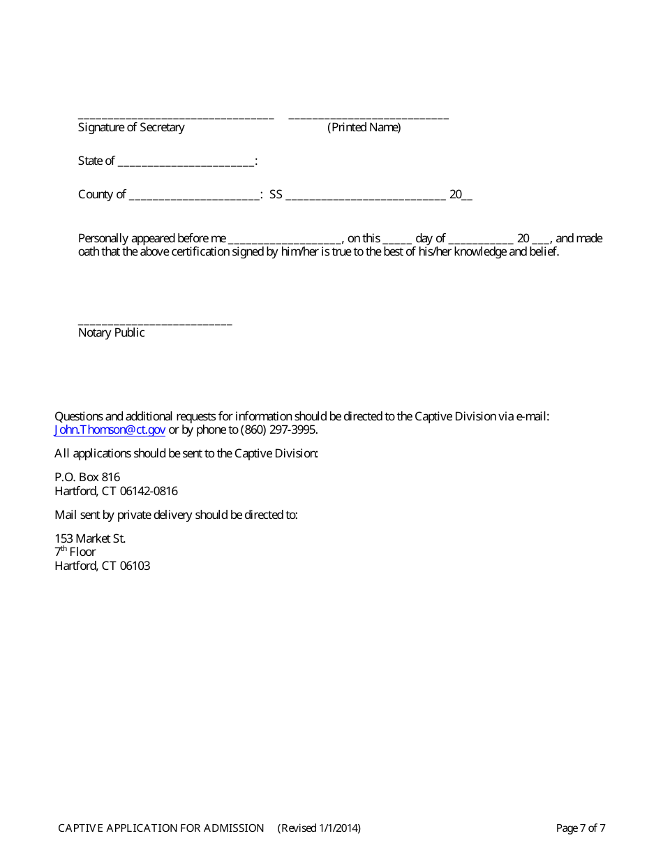 Captive Insurance Company - Application for Admission - Connecticut, Page 7