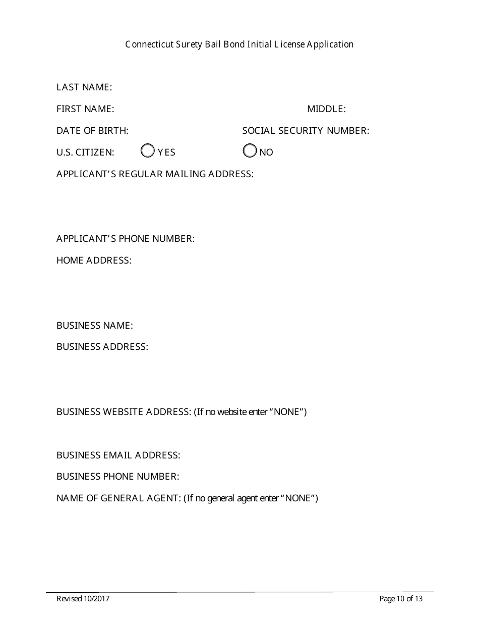 Connecticut Surety Bail Bond Initial License Application Form - Connecticut, Page 10