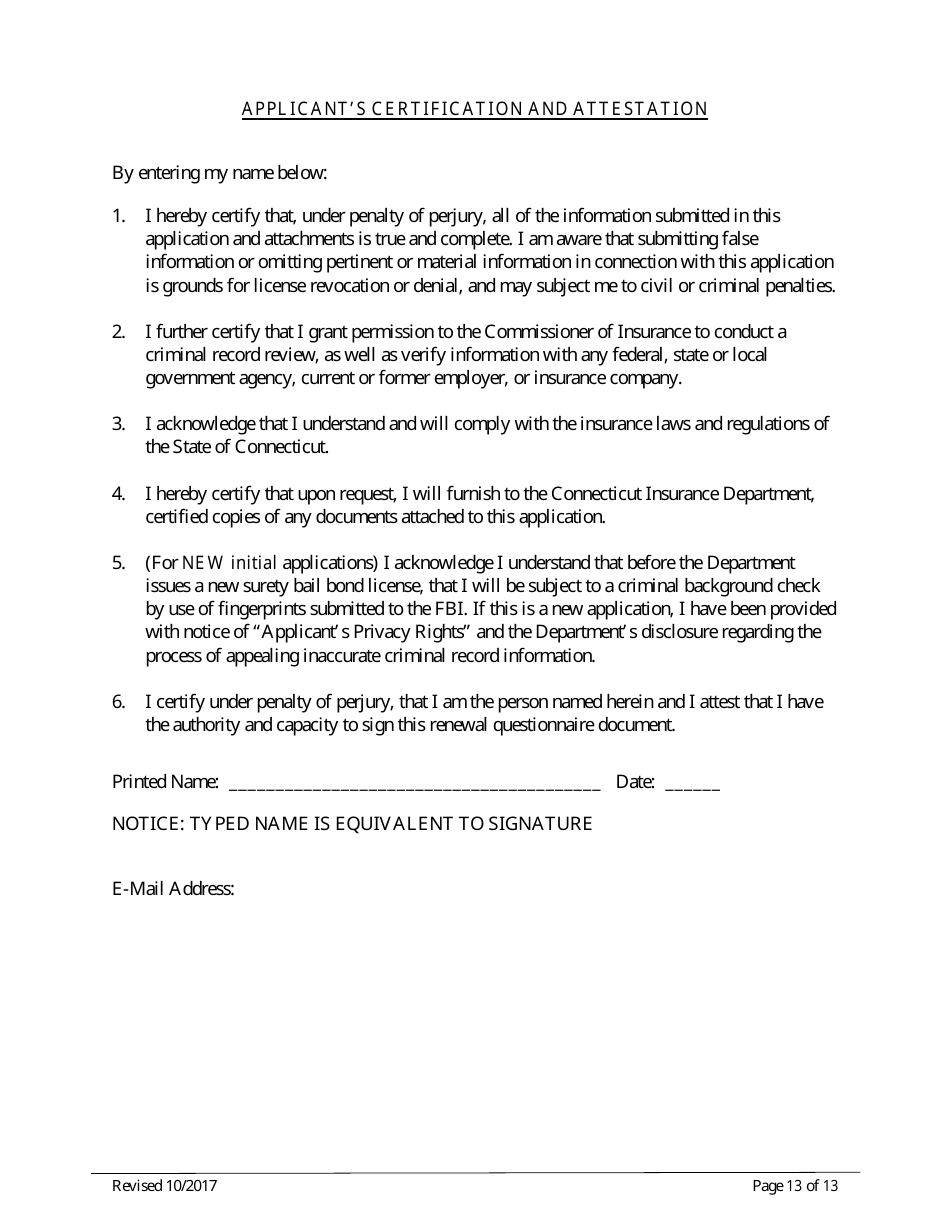 Connecticut Surety Bail Bond Initial License Application Form - Connecticut, Page 13