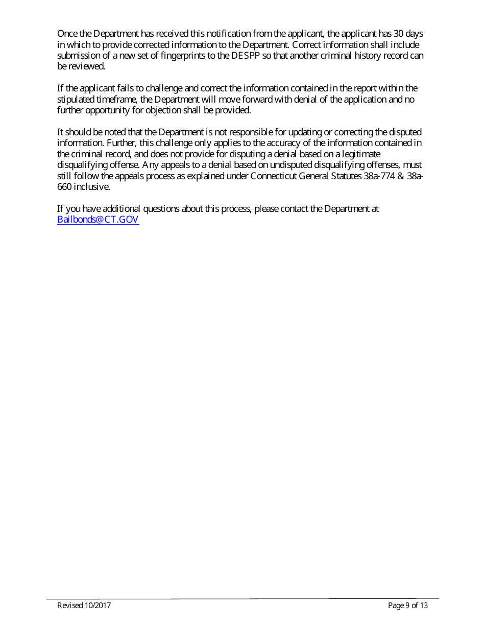 Connecticut Surety Bail Bond Initial License Application Form - Connecticut, Page 9