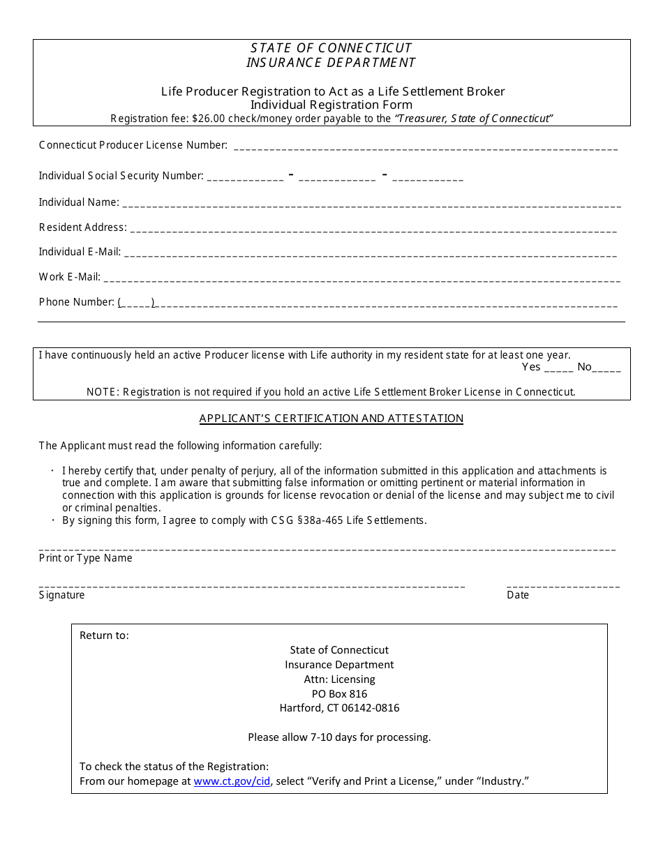 Life Producer Registration to Act as a Life Settlement Broker Individual Registration Form - Connecticut, Page 1
